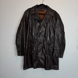 Vintage leather button up trench coat removable lining XL 80s retro